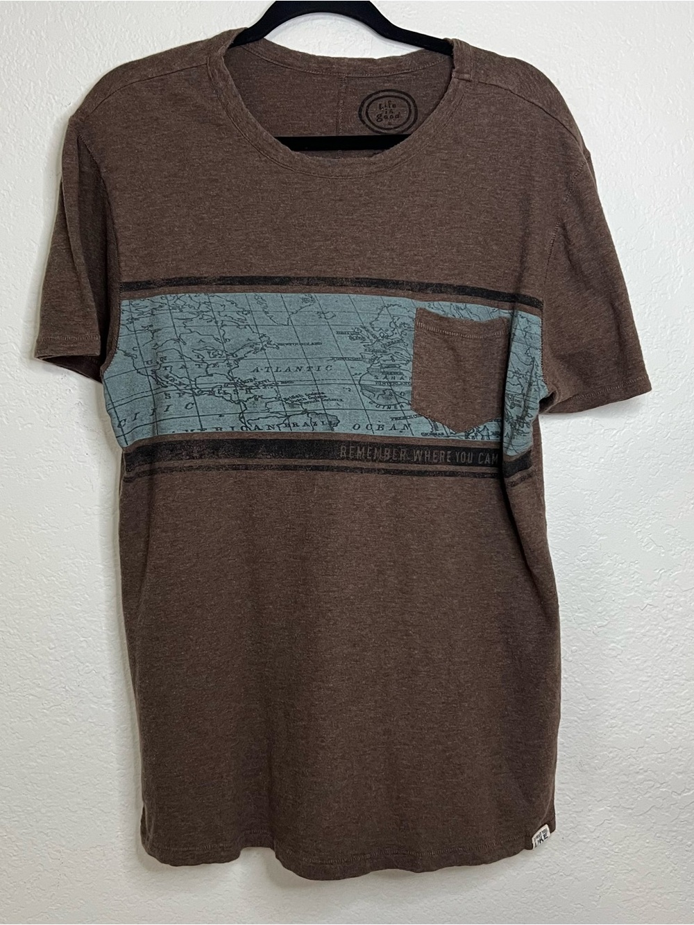 Life Is Good Brown T Shirt Remember Where You Came From World Map Men’s Medium